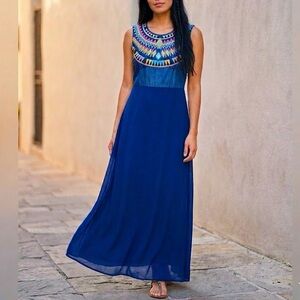 The VANCA Luxury Denim Chiffon Maxi Dress Embroidered Tribal Sleeveless Boho